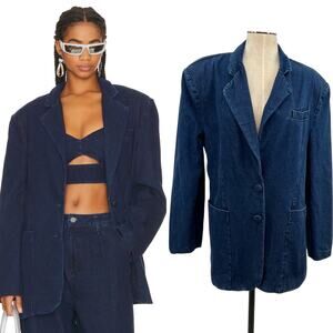 Afrm Agnes Oversized Denim Blazer Jacket Dark Wash Blue Size Medium